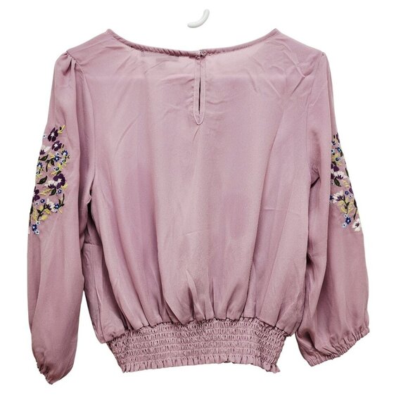 Womens Embroidered Sleeve Mauve Blouse With Smocked Hem By Haute Monde Size S - Picture 2 of 9